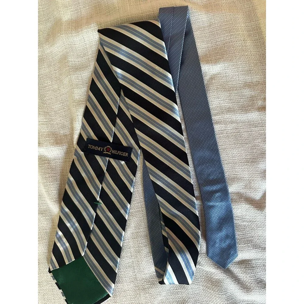 Tommy Hilfiger Men’s Striped Necktie Navy Blue Silver Light Blue Classic Tie